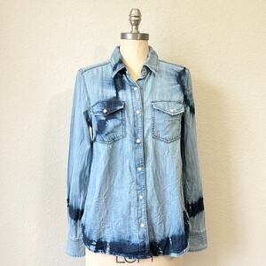SUNDRY Denim Shirt Blue Tie Dye Long Sleeve Pearl Snap Embroidered